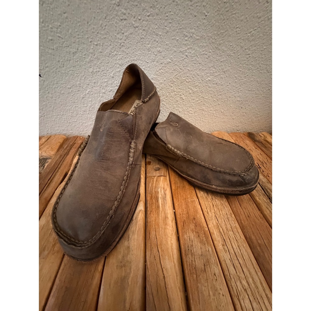 OluKai Moloa Shoes Size 9 Brown Leather Slip On Drop-In Heel Loafers 10128-6363